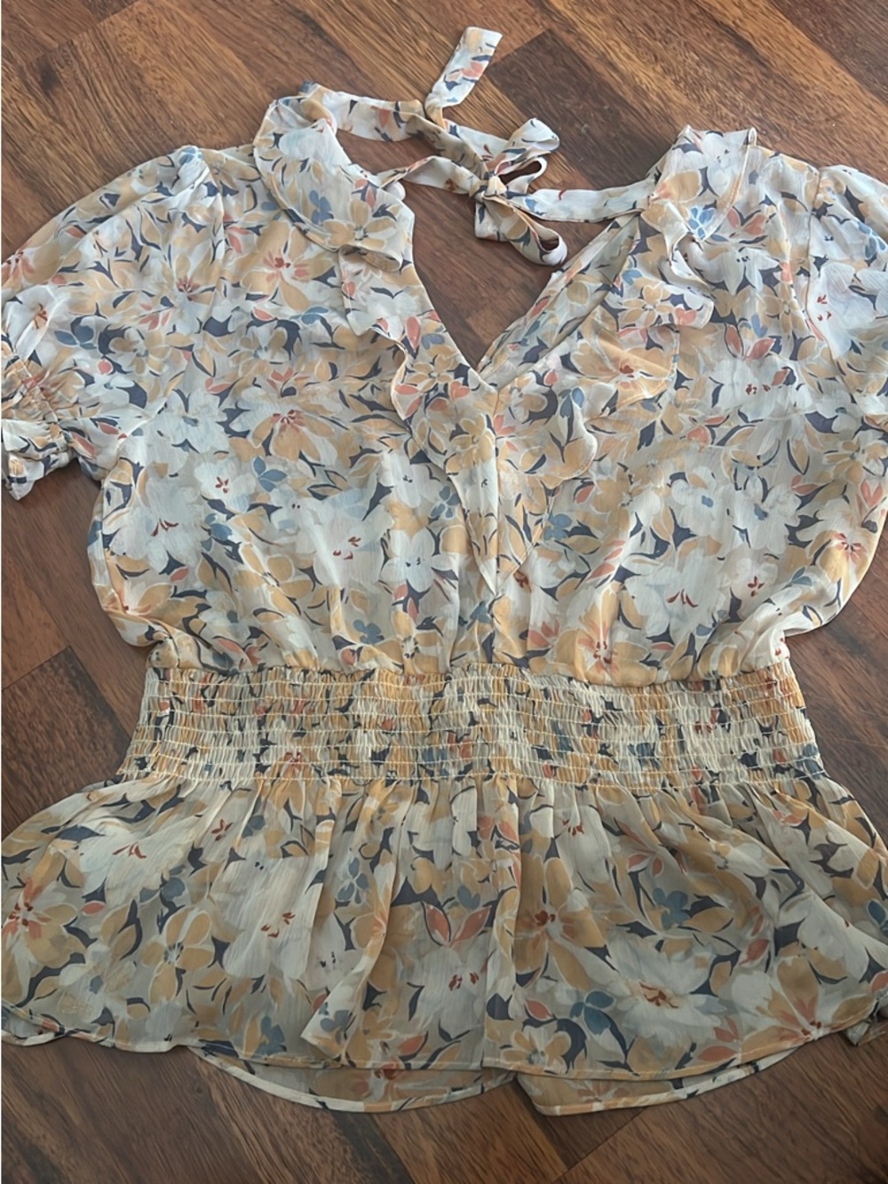 everleigh Peach & Navy Floral Tie-Neck Peplum Blouse
